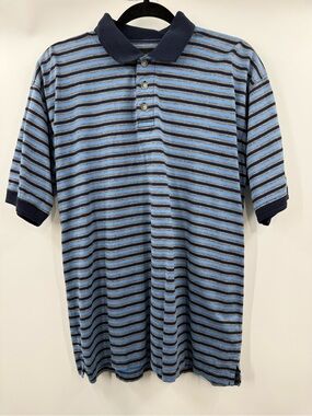Lynx Men's Blue Navy White Striped Polo Shirt Size M 2 Ply Mercerized Cotton